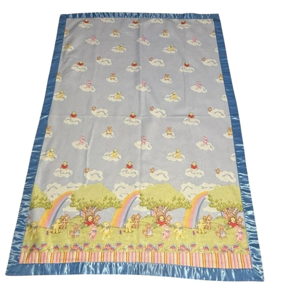 Vintage Rainbow Bear Baby Blanket Quilt Handmade Satin Trim 60x40 Clouds Spring